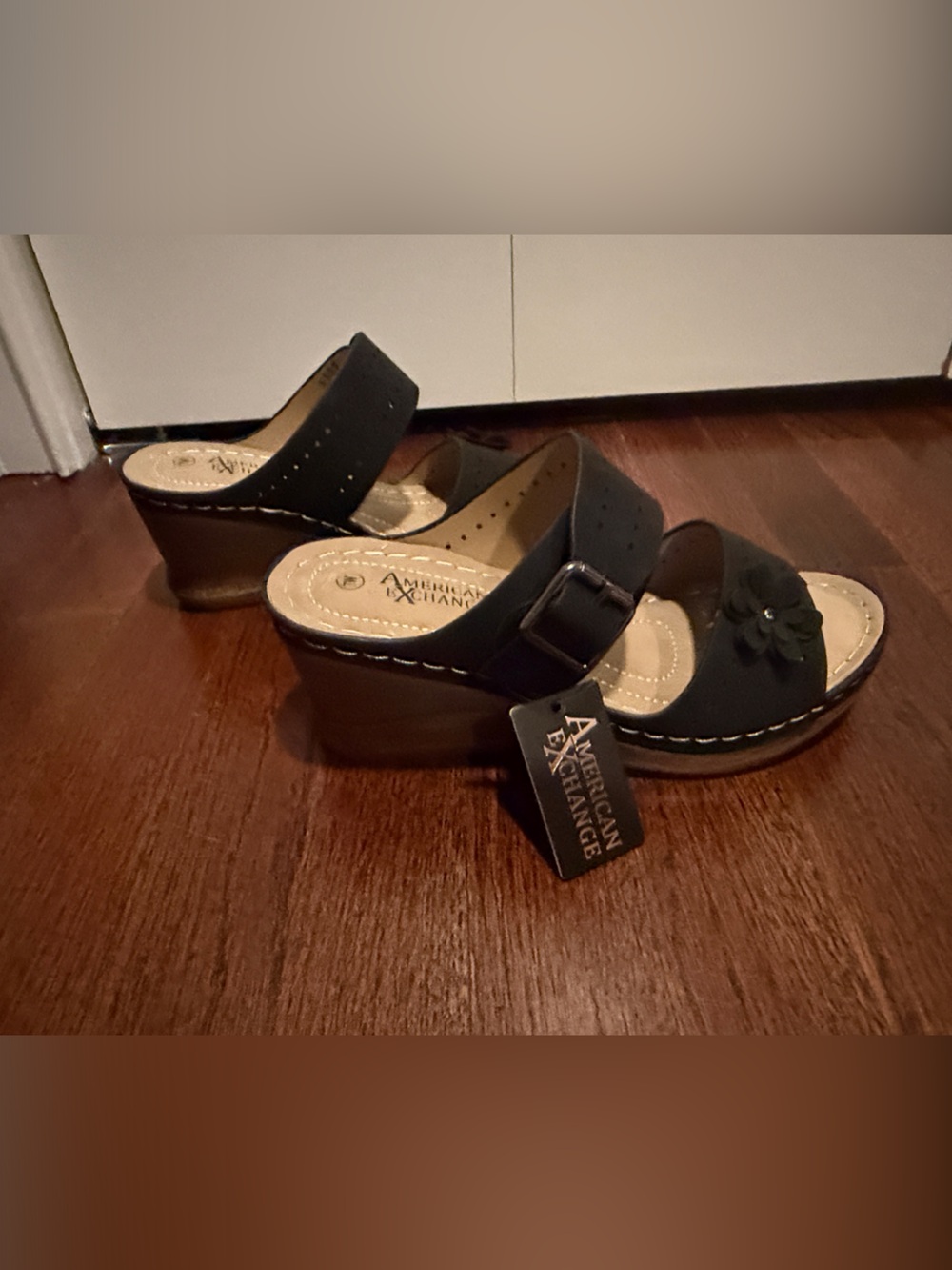 American Exchange Women’s  Black Floral Wedge Sandals